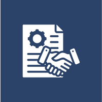 Handshake and document icon on blue background.