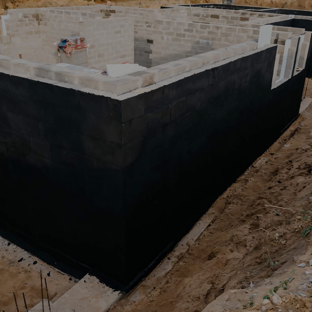 Concrete foundation with black waterproofing coating.