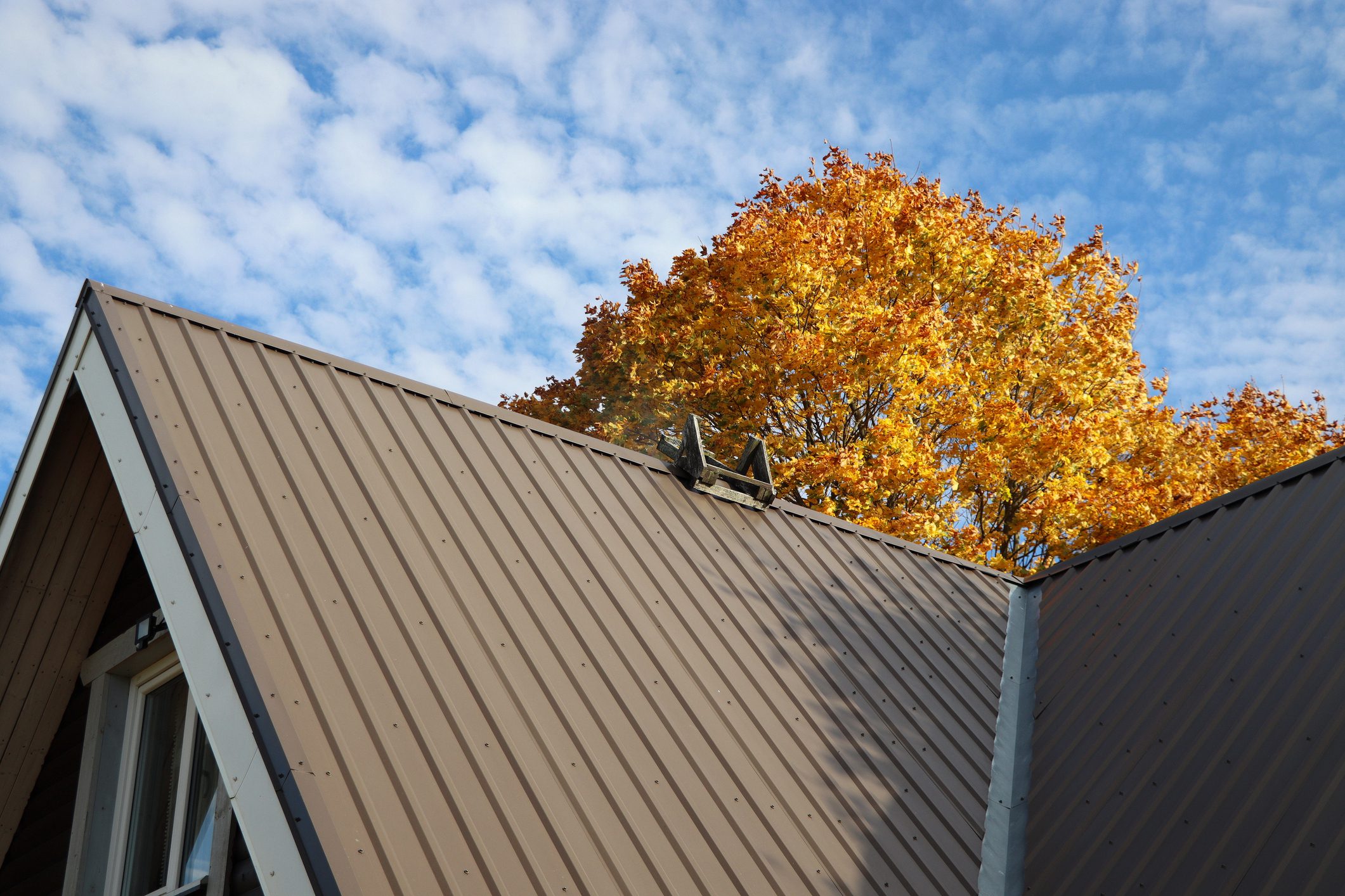 Metal roof with autumn tree and cloudy sky in the background.